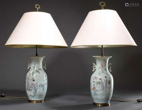 Pair of Chinese baluster vases with polychrome painting &quo...