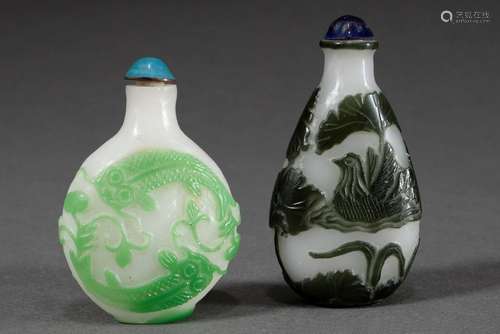 2 Various Peking glass snuffbottles with green overlay "...