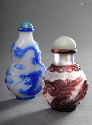 2 Various Peking glass snuffbottles with violet and blue ove...