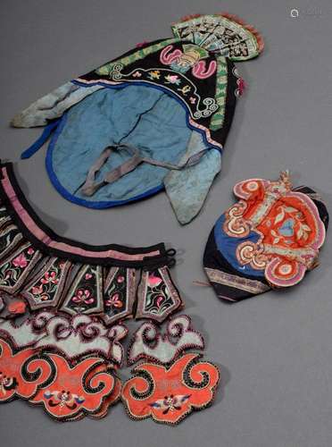 3 Various pieces of Chinese embroidery: collar fragment (24x...