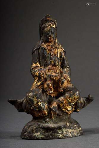 Guanyin with child metal casting with lacquer and gilding re...