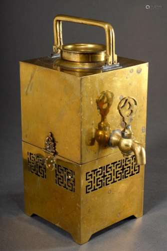 Square brass samovar consisting of: Teapot with folding hand...