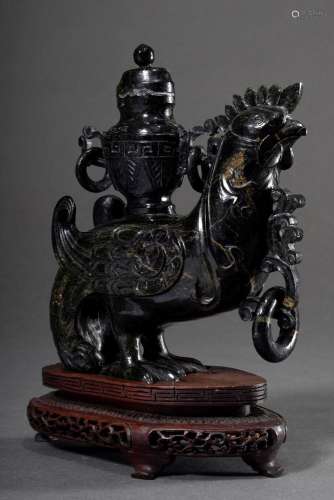 Black Chinese serpentine carving "Rooster with vase top...