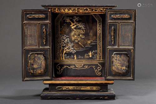 Chinese house altar with gold painted scenes on black lacque...