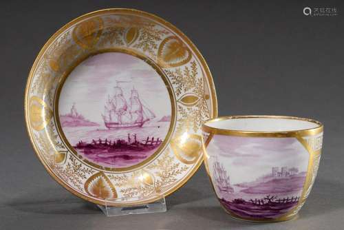 English porcelain cup/saucer with purple camaieu painting &q...