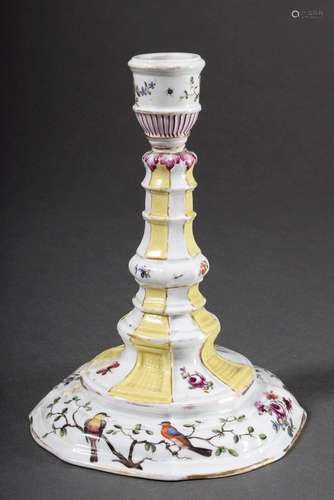 Meissen candlestick in baroque form with polychrome painting...