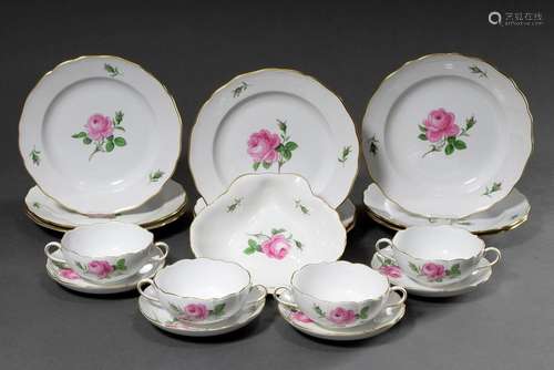 14 pieces Meissen "Red Rose" consisting of: 9 dinn...