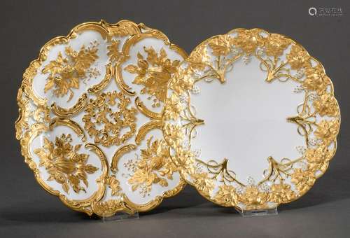 2 Diverse Meissen pompous plates with gilded relief "fr...