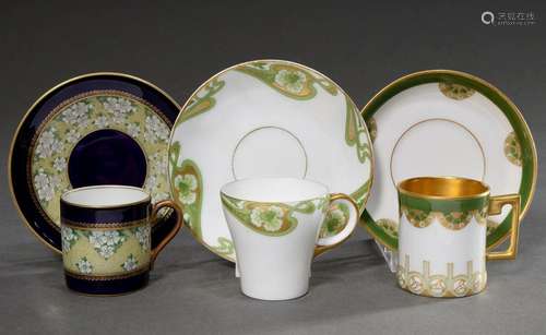 3 Various porcelain mocca cups/saucers with different floral...