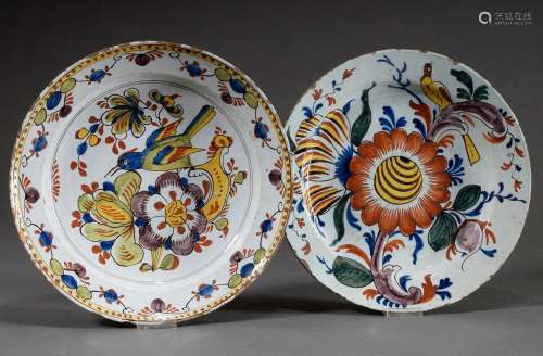 2 Various Delft faience plates with polychrome painting &quo...