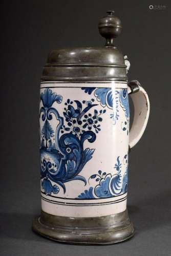 Faience jug with floral blue painting landscape cartouche an...