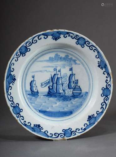 Small Delft faience plate with blue painting decor "Sea...