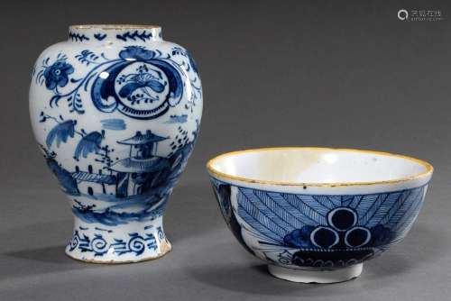 2 Various pieces of faience: bowl with blue painting "p...