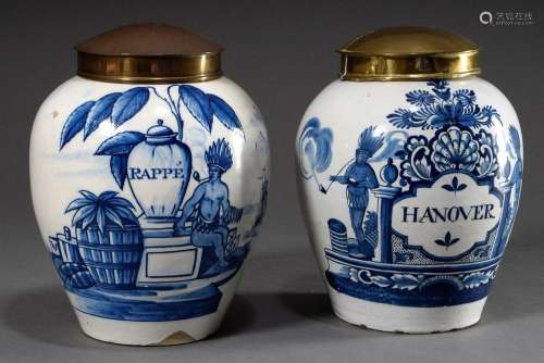 2 Various Delft faience tobacco pots with blue-painted decor...