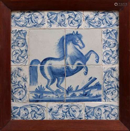 Delft blue painting tile picture "Rising horse" of...