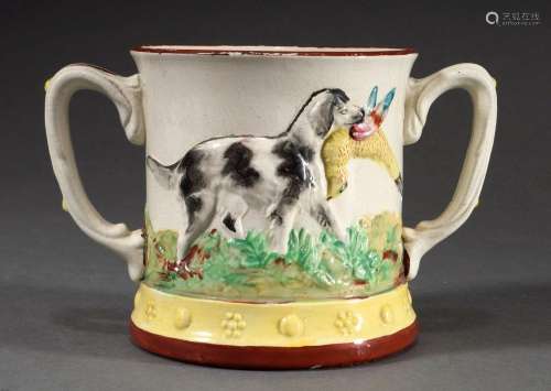 English soft porcelain joke ale cup with polychrome painting...