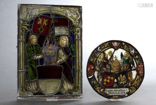 2 Various lead glazes with angels and coats of arms depictin...