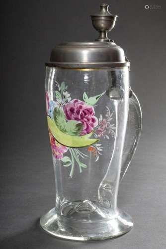 Biedermeier glass tankard with polychrome floral painting an...