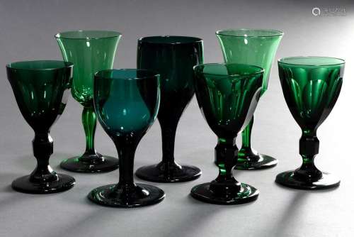 7 Various green Biedermeier glasses in different shapes part...