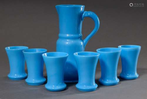 7 Sky-blue opaline glass jug in a simple façon and 6 tumbler...