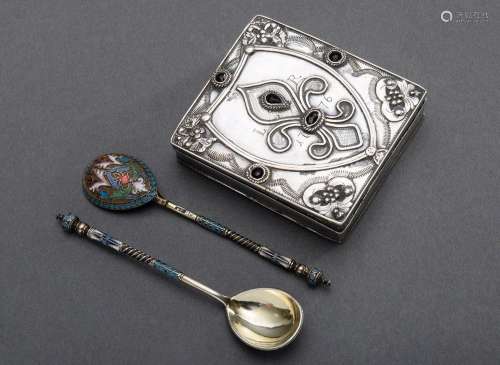3 Various pieces of silver: 2 spoons with champlévé enamel M...