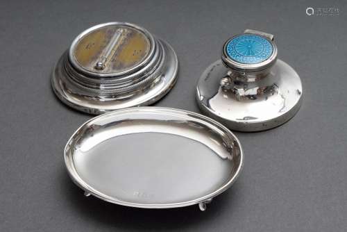 3 Various pieces: English inkpot with ornamental enamel deco...