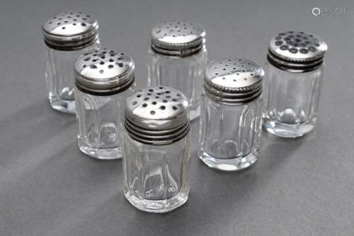 6 Small salt shakers with glass body and silver 835/925 lids...