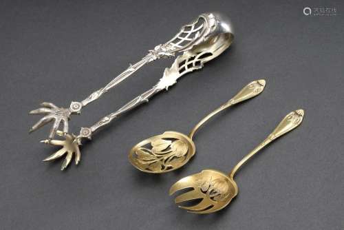 3 Various pieces of serving cutlery: Historism tongs with &q...
