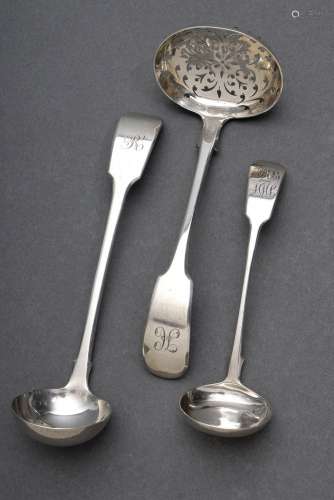 3 Various English ladles "spade pattern" with diff...
