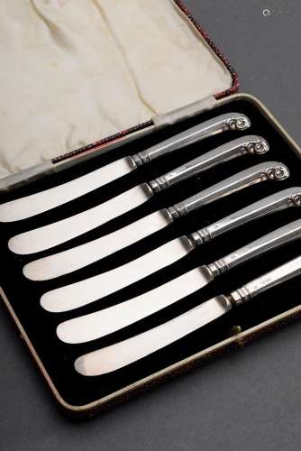 6 English butter knives with floral relief silver 925 pistol...