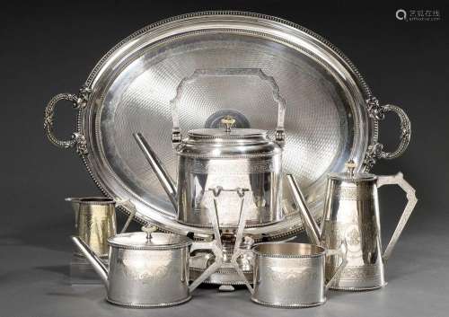 6 piece silver plated coffee-tea set with guilloche decorati...