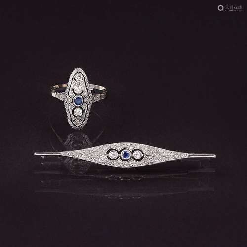 An Art-déco Diamond Sapphire Ring with Brooch.