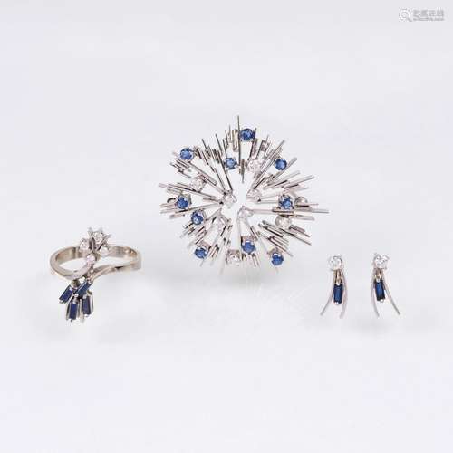 A Sapphire Diamond Jewellery Set: Brooch, Earstuds and Ring.