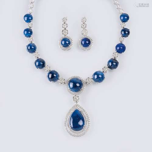 A highcarat Demi Parure with Sapphire Cabochons and Diamonds...