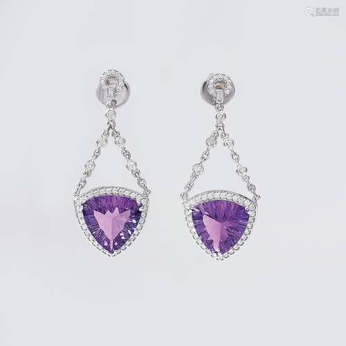 A Pair of Amethyst Diamond Earpendants.