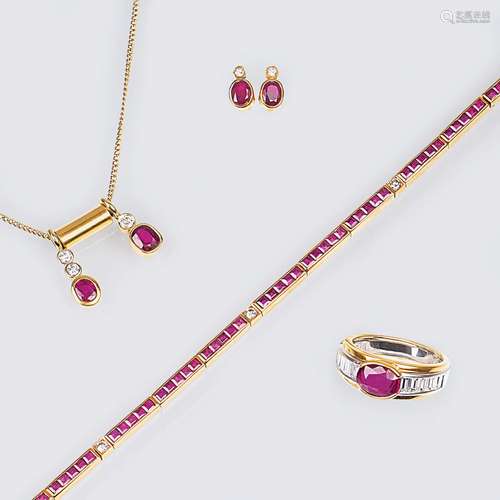 A four-part Jewellery Set with Rubies and Diamonds.