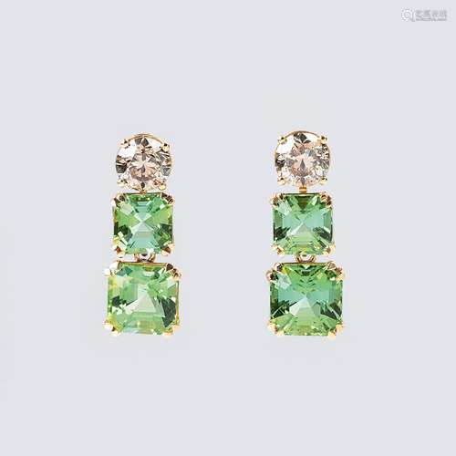 A Pair of Lagoon Tourmaline Solitaire Diamond Earpendants.