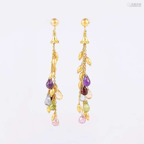 A Pair of Earrings with Precious Stones and Gold Pendants.