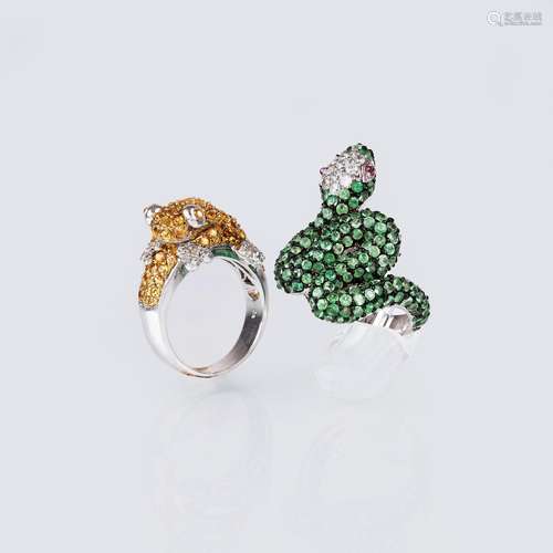 Two Rings 'Frog' and 'Snake' with Yellow Sapphires and Tsavo...