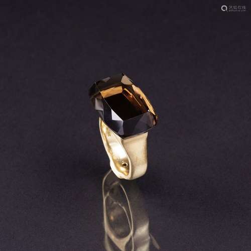 A modern Smoky Quartz Ring with Diamonds.