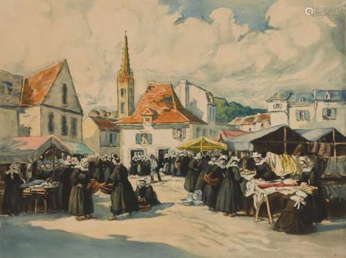 BARNOIN Henri (1882 - 1940) "Place du marché à Pont-Ave...