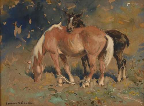 Edouard DOIGNEAU (1865-1954) "Deux chevaux" aquare...