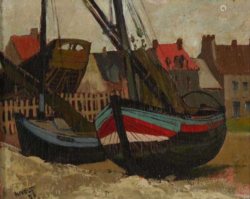 Roger NIVELT (1899-1962) "Bateaux au port à marée basse...