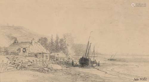 Jules NOEL (1810-1881) "Barque au sec près de la chaumi...