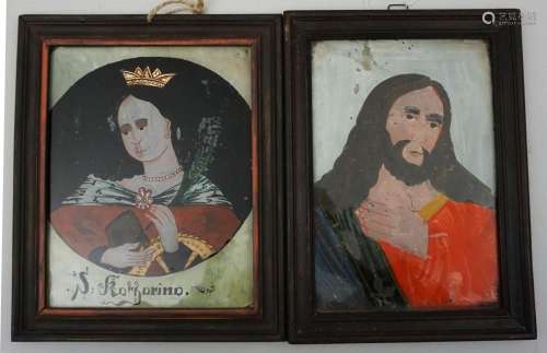 2 Hinterglasbilder  Heilige Katharina  und  Christus  / A re...