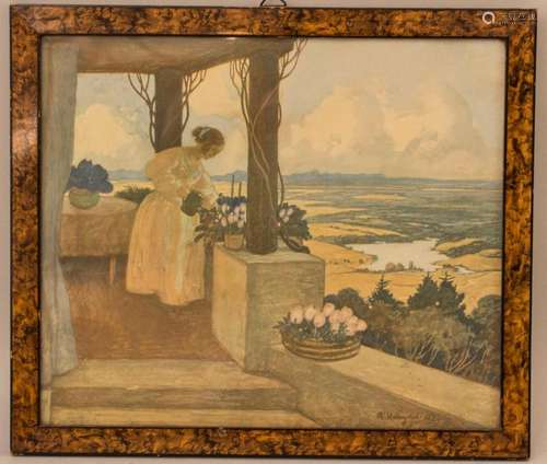 A. Hengler,  Blumengießende Dame auf Balkon  /  A lady on a ...