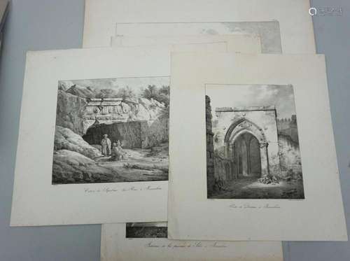 4 Lithografien mit Architektur- und Landschaftsdarstellungen...