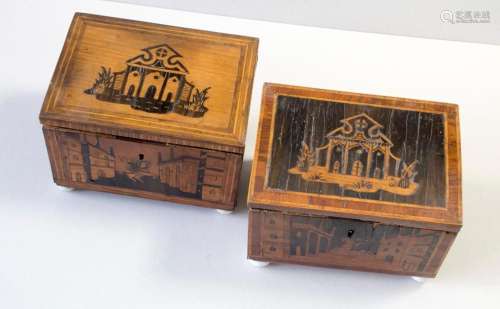 Paar Holzschatullen / Two fruitwood caskets with marquetry, ...