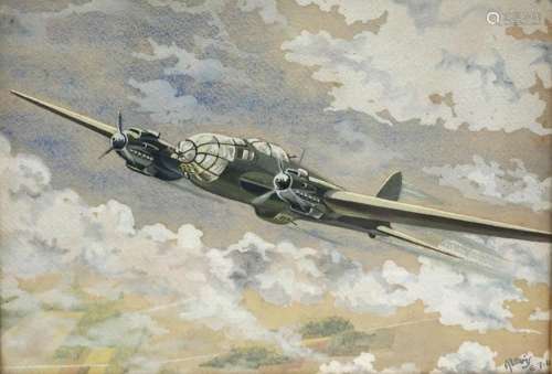 Aquarell  Luftwaffe Bomber Heinkel He 111 , Drittes Reich / ...