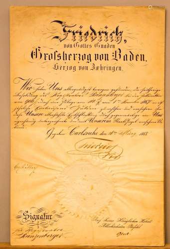 Urkunde mit Autograph von  Friedrich II, Großherzog von Bade...